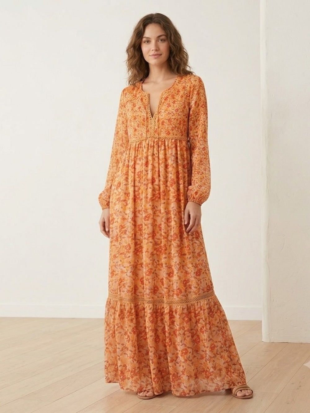 ​Xhilaration Orange Floral Long Sleeve Boho Maxi Dress Split Neck Size M